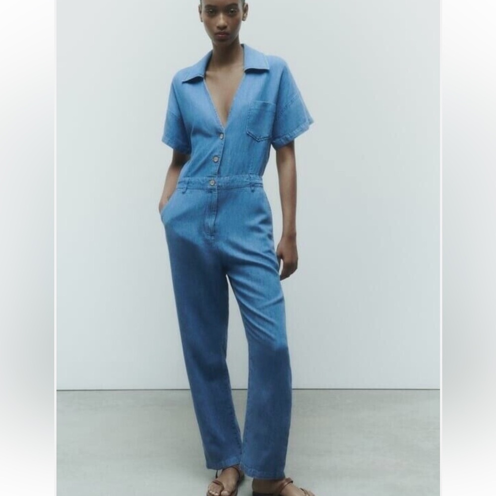 Zara Women’s Blue Denim Cotton Linen Blend Jumpsuit Size‎ Medium